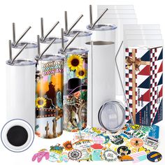 the contents of a travel mug are shown with stickers