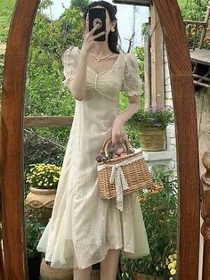 Trendy Fashion French Style Formal Asian Dress A-Line Office Women Beach Wear Elegant Tea Party, Womens Dresses French Dress, Dress Cottagecore, Cottagecore Dress, Korean Dress, Fairy Dress, Dresses Women, Lace Midi Dress, Sweet Dress, Mua Sắm