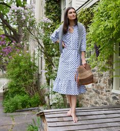 Favorite new style: Introducing our new White & Blue Block Print Floral Lily Dress. This long cotton midi dress offers both comfort and style with a flattering silhouette, two pockets and removable self tie belt. Featuring a floral block print in shades of blue on crisp white cotton, we love this versatile style for a a sunset dinner or a casual brunch. The White Lily Dress is partially lined and can be worn belted for a more fitted, tailored look, or without the belt like a loose comfortable ca Cotton Midi Dress With Tie Waist For Brunch, Cotton Midi Dress With Tie Waist For Vacation, Blue Block Print, Sunset Dinner, Lily Dress, Floral Block Print, White Lily, Blue Block, Cotton Midi Dress