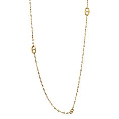 The Hermès Chaîne d'Ancre Yellow Gold Sautoir Necklace is a timeless and versatile piece of jewelry that epitomizes the brand's dedication to luxury and craftsmanship. Measuring 31.5 inches in length, this elegant necklace can be worn either long or doubled up, offering flexibility to suit different styles and occasions. Crafted from luxurious 18k yellow gold, the necklace features the iconic Chaîne d'Ancre links, a design that has become synonymous with Hermès since its creation in 1938. The Chaîne d'Ancre design is inspired by the shape of anchor chains, symbolizing strength and nautical elegance. Each link is meticulously crafted to ensure a smooth, polished finish that reflects light beautifully, adding a touch of brilliance to the wearer. The necklace's substantial length allows it to Luxury Elegant Chain Necklace With Polished Finish, Luxury Long Necklace With Double Chain, Luxury Gold Necklace With Polished Finish, Luxury Clavicle Chain Station Necklace, Luxury Yellow Gold Long Chain Necklace, Elegant Luxury Yellow Gold Long Necklace, Luxury Delicate Long Chain Necklace, Luxury Long Delicate Chain Necklace, Luxury Long Gold Chain Necklace