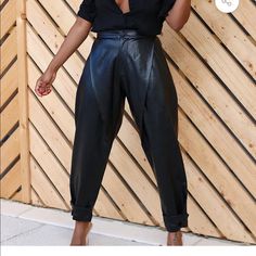 Dahlia Delhi Faux Leather Pants In Black Cropped Wide Leg Trousers, Short Sleeve Kimono, Puff Sleeve Shirt, Wide Leg Dress Pants, Black Leather Pants, All Black Everything, Long Sleeve Jumpsuit, Decorative Panels, Faux Leather Pants