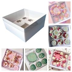 there are many different types of cupcakes in the box and on the table