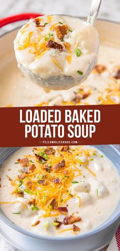 loaded baked potato soup in a bowl with a spoon