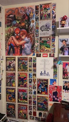 a wall covered in comic books and posters