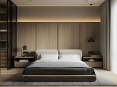 a large bed sitting in the middle of a bedroom next to a tall wooden wall