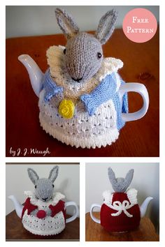 there are three pictures of the same teapot with two rabbits on it, and one is knitted