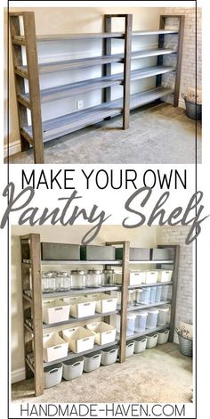 two pictures with the words make your own pantry shelves in white and gray, on top of