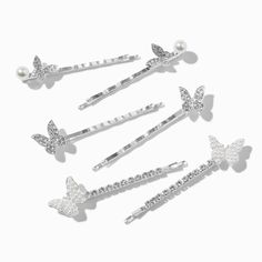 Claire's Silver-tone Butterfly Rhinestone Pearl Hair Pins - 6 Pack Butterfly Clips In Hair, Silver Butterfly Clips, Clips In Hair, Sparkly Butterfly, Crown Hair Clip, Sensitive Ears Earrings, Butterfly Hair Clips, Butterfly Rhinestone, Piercing Kit