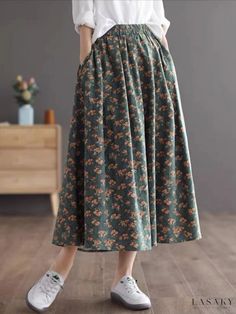 Lasaky - Vintage Floral Print A-Line Midi Skirt: Elegant, Flowy, and High-Waisted Athleisure Skirt, Floral Print Midi Skirt, Skirt Elegant, Beautiful Casual Dresses, Skirts Midi High Waisted, Half Skirt, Printed Midi Skirt, Floral Midi Skirt, Vintage Floral Print