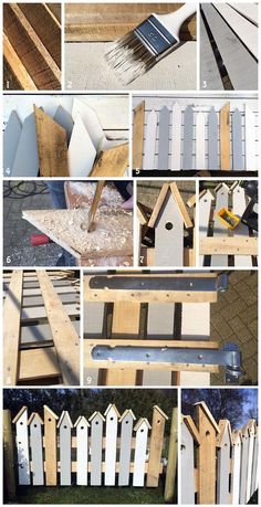 the process of building a birdhouse is shown in several different pictures, including wood and metal