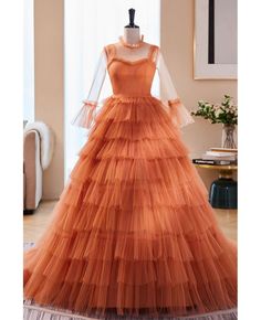 Get 10% off now! Buy ruffled orange tulle ballgown prom dress with sheer sleeves at cheap price online. Free stable shipping and pro custom service since 2009. Prom Dresses Orange, Dresses Orange, Prom Dresses With Pockets, Unique Prom Dresses, Long Prom Dresses, Illusion Neckline, Dresses 2023, Pleated Bodice, Maxi Robes