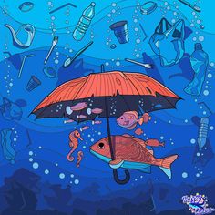 a drawing of two people under an umbrella in the ocean with fish and plastic bottles