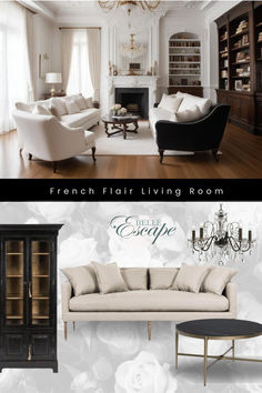 Add some French flair to you living room and recreate this look with products from Belle Escape. #frenchcountry ,#livingroom, #homedecor, #sofa , #chandelier , #cabinet , #coffeetable