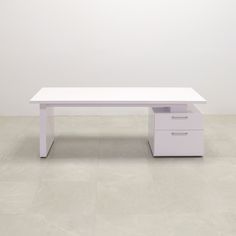 a white desk sitting on top of a tile floor next to a wall with two drawers