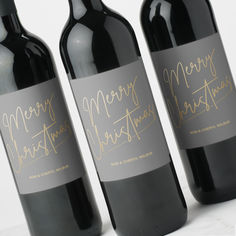 Gold Merry Christmas on Gray Wine Labels Fancy Calligraphy, Personalized Wine Bottle, Personalized Wine Bottles