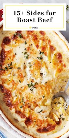 a close up of a pizza on a plate with the words, 15 sides for roast beef