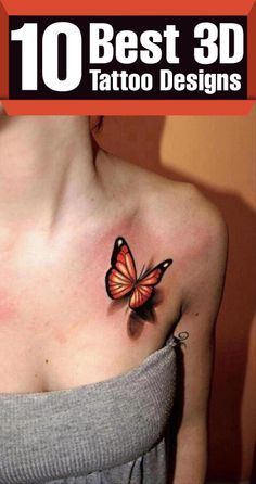 a woman's chest with a butterfly tattoo on her left shoulder and right breast