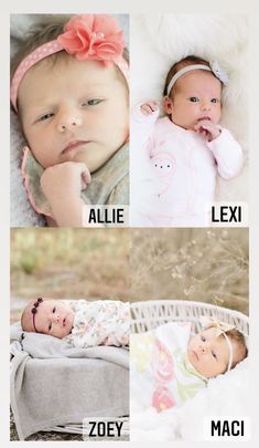 three baby pictures with the names of their babies in different languages, including name and birth date