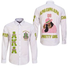 Personalized Alpha Kappa Alpha Long Sleeve Button Shirts White Color Pretty Girls Ver 2 Style White Long Sleeve Shirt With All Over Print, White Button-up Shirt With All Over Print, Fitted Long Sleeve Shirt With Custom Print, Preppy Cotton Tops With Graphic Print, Fitted Graphic Print Button-up Top, Preppy Cotton Top With Graphic Print, White Long Sleeve Shirt With Sublimation Print, Fitted White Shirt With All Over Print, Trendy White Shirt With All Over Print