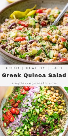 greek quinoa salad with chickpeas, cucumber and tomatoes in a bowl