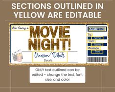 a movie night ticket with the words selections outlined in yellow are editable