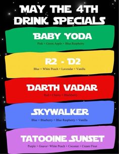 a poster with the names of various types of drinks in different colors and font on it