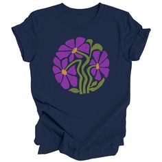 Elevate your everyday boho style with our unisex crew neck t-shirt, featuring an eye-catching distressed daisy design in beautiful shades of purple, yellow, and green. This shirt seamlessly blends comfort and fashion making it the perfect addition to your wardrobe for any occasion. This classic unisex jersey short sleeve tee fits like a well-loved favorite. Soft cotton and quality print make users fall in love with it over and over again. These t-shirts have-ribbed knit collars to bolster shaping. The shoulders are tapered for a better fit over time. Dual side seams hold the garment's shape for longer. .: Bella+Canvas brand tee .: 100% Airlume combed and ringspun cotton (fiber content may vary for different colors) .: Light fabric (4.2 oz/yd² (142 g/m .: Retail fit .: Tear away label .: Ru Hippie Printed Crew Neck T-shirt, Blue Hippie Cotton T-shirt, Blue Cotton Hippie T-shirt, Bohemian Blue Printed T-shirt, Bohemian Printed Crew Neck T-shirt, Blue Bohemian Graphic Print T-shirt, Bohemian Blue Graphic Print T-shirt, Bohemian Blue T-shirt With Graphic Print, Bohemian Short Sleeve T-shirt With Plant Print