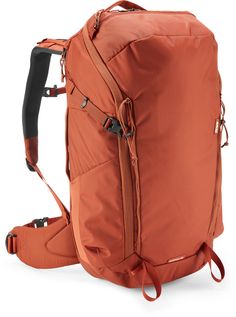 an orange backpack is shown with straps on the front and back ends, which are attached to