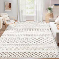 a living room filled with furniture and a white rug