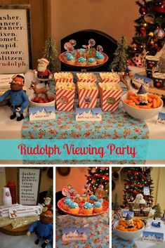 the table is set up for a holiday viewing party with candy, cookies and candies