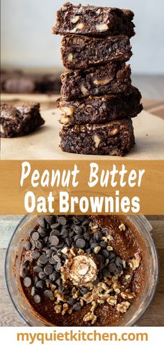 chocolate peanut butter oat brownies stacked on top of each other