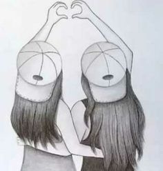 a drawing of two women making a heart shape with their hands while standing next to each other