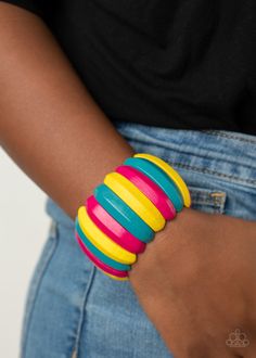 Painted in a sunny yellow finish, beveled wooden frames are threaded along stretchy bands around the wrist for a summery look. Pink Peacock, Wooden Bracelet, Wood Bracelet, Crystal Bangle, Stretchy Bracelets, Paparazzi Accessories, Hinged Bangle, Pink Bracelet, Red Coral