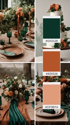 an image of a table setting with orange and green color palettes for the wedding