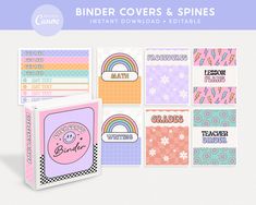 the binder covers and spines are shown in pastel colors