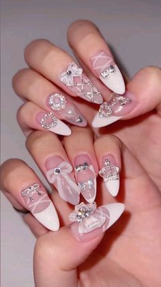 Nail Crystal Placement, Asian Nail Art, Fake Nails Long, Junk Nails, Asian Nails, Gel Nails Diy, Girly Acrylic Nails