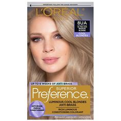 L'Oreal Paris Superior Preference introduces Cool Blondes. A new ultra-cool line designed just for Blondes infused with cool pigmented dyes and an Anti-Brass Purple Conditioner that neutralizes unwanted yellow undertones for up to 6 weeks. The line ranges from ultra-ash dark blonde to ultra-ash very light blonde. A beautiful range to help keep your blonde pure. All-Over Permanent Ash Hair Color Luminous, Cool Multi-Dimensional Color that lasts Up to 6 Weeks of Anti-Brass Ultra cool blonde shades Blonde Box Dye, Cool Blonde Hair Color, Medium Blonde Hair Color, Cool Blondes, Cool Blonde Hair Colour, Blonde Shades, Purple Conditioner, Hair Color Pictures, Medium Blonde Hair