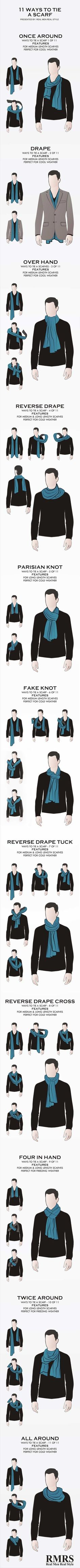 11 ways to tie mans scarf infographic RMRS Great info from Business Insider Ways To Tie Scarves, Wear A Scarf, Scarf Knots, Mode Tips, Ways To Wear A Scarf, How To Wear A Scarf, Tie Men, Men Style Tips, Scarf Tying