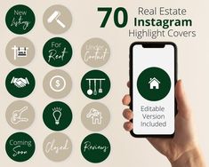 a person holding up a cell phone with the text real estate instagram highlight covers