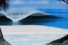 a painting of a wave coming in from the ocean with palm trees on the shore