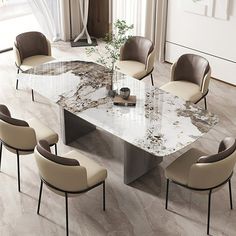 a marble dining table surrounded by beige chairs