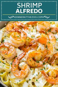 shrimp alfredo in a white bowl with text overlay that says shrimp alfredo on top