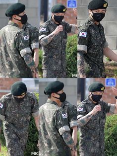 multiple shots of a man in camouflage clothing wearing a face mask and covering his mouth