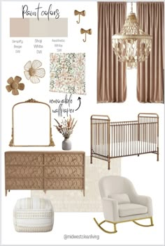 a baby's nursery room with neutral colors and accessories, including a crib, rocking