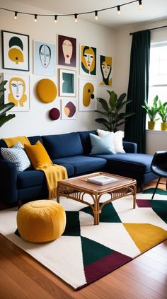 a living room filled with furniture and pictures on the wall above it's coffee table