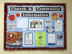 a bulletin board is covered with information about the church and community in red sequins