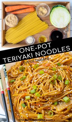 one pot teriyaki noodles with vegetables in the background