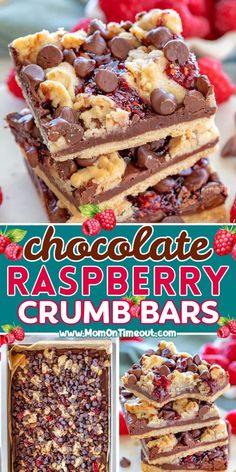 chocolate raspberry crumb bars stacked on top of each other with the title above it