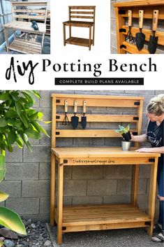 the diy potting bench is made out of pallets and has plants growing on it