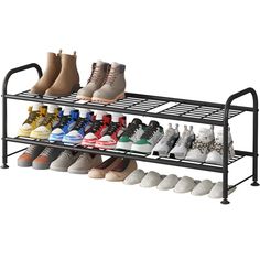 the shoe rack is filled with many pairs of shoes